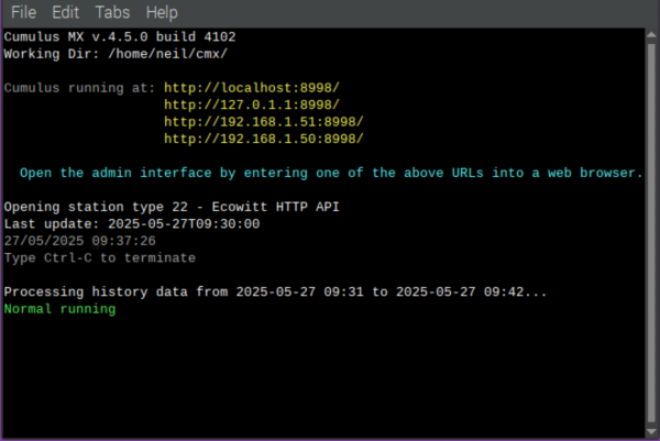 The rPi Terminal window running CumulusMX  The rPi Terminal window running CumulusMX